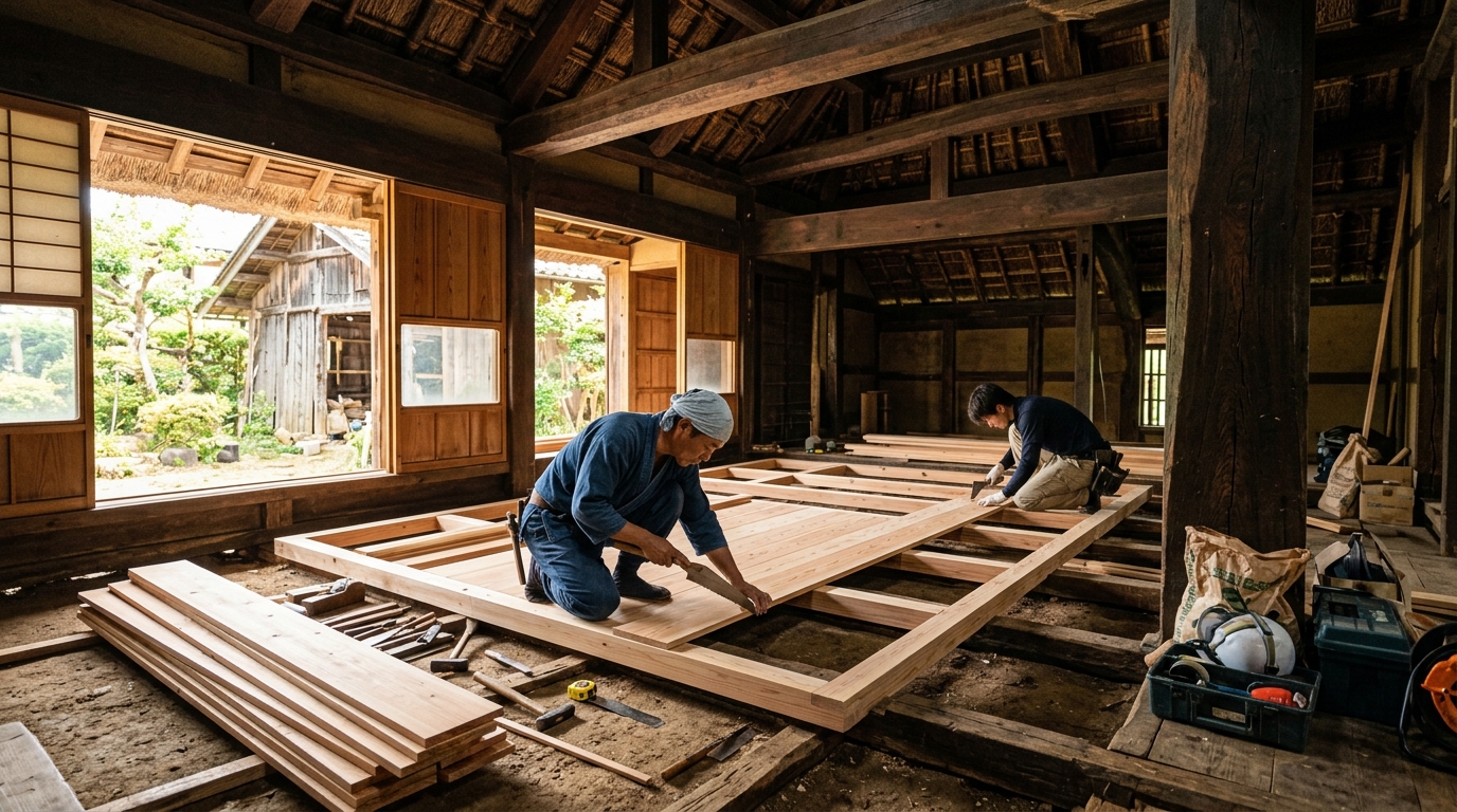 Carpinteiros japoneses reformando a estrutura de madeira tradicional e armações de tatame de uma Kominka - NANI JLPT