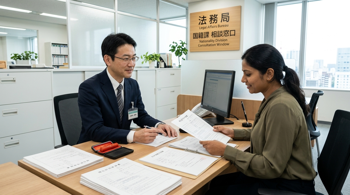 Oficial do Ministério da Justiça do Japão conduzindo entrevista de naturalização no Homukyoku com solicitante estrangeira - NANI JLPT